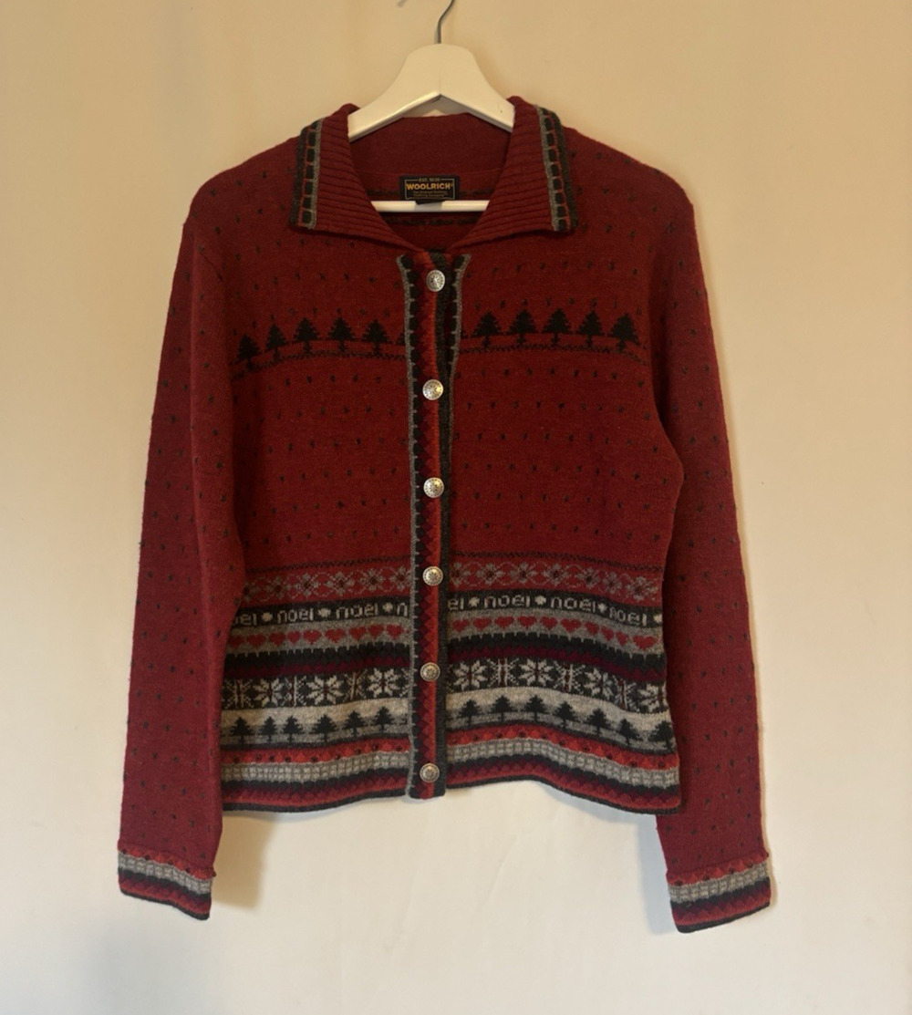 Woolrich Cardigan Medium Womens Red Knit Wool Christmas Noel Silver Buttons